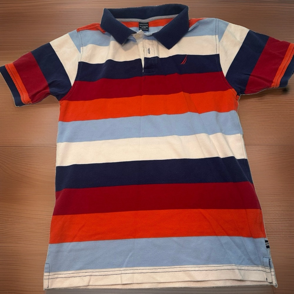 Nautica Boys XL 18/20 Stripped Polo Shirt Blue Red Orange White Cotton Preppy